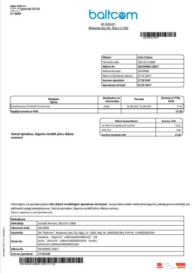 Latvia Baltcom telecommunications utility bill template in Word and PDF format (Latvian version)
